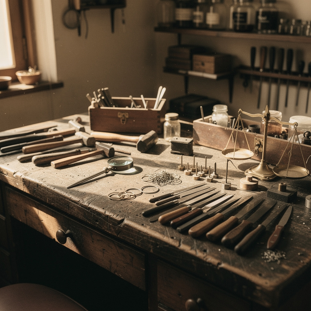 A 1950s jeweler's workbench with hand tools and a brass scale