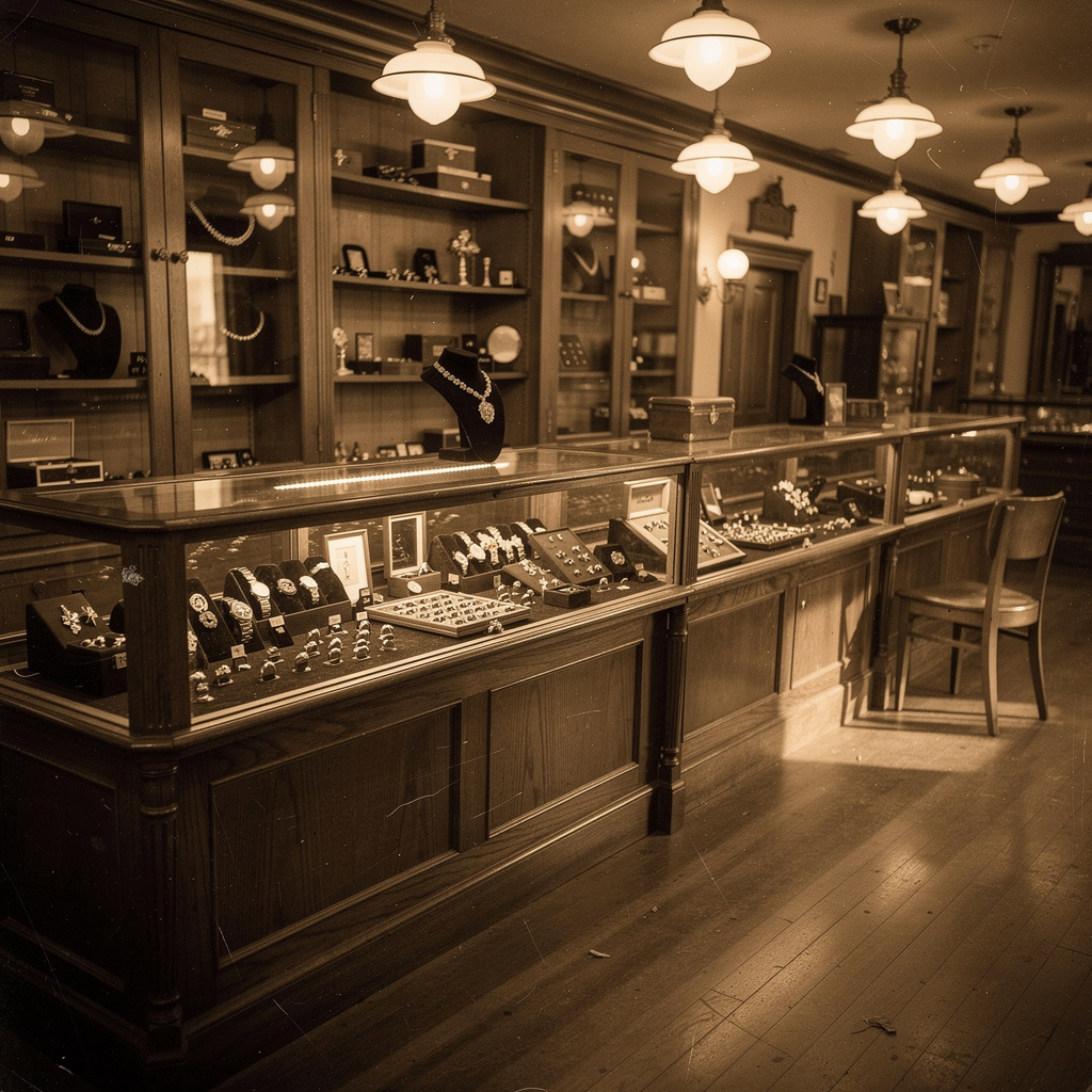 The interior of a mid-century jewelry shop
