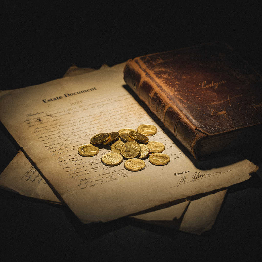 An estate document, leather ledger, and gold coins