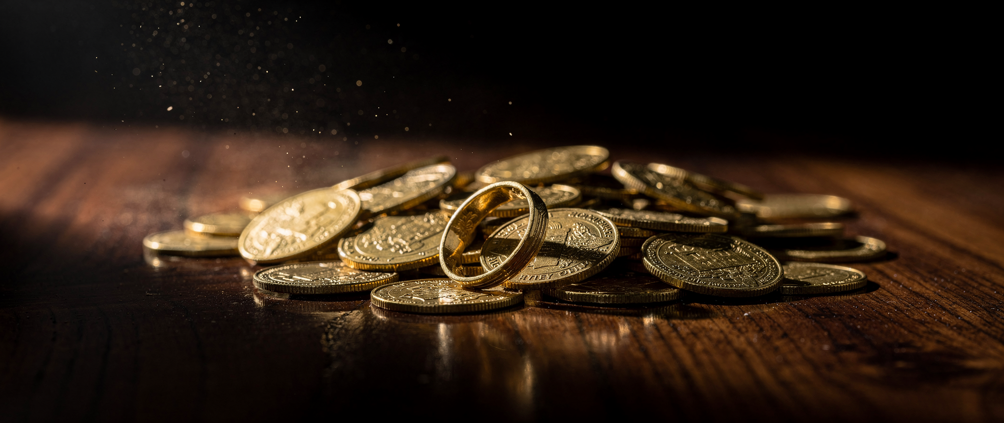Antique gold coins and an heirloom ring on dark walnut